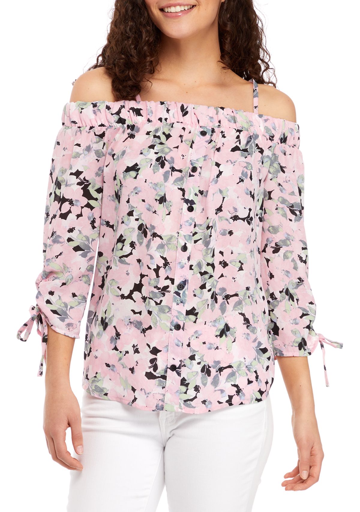 Juniors Button Front Off-Shoulder Top
