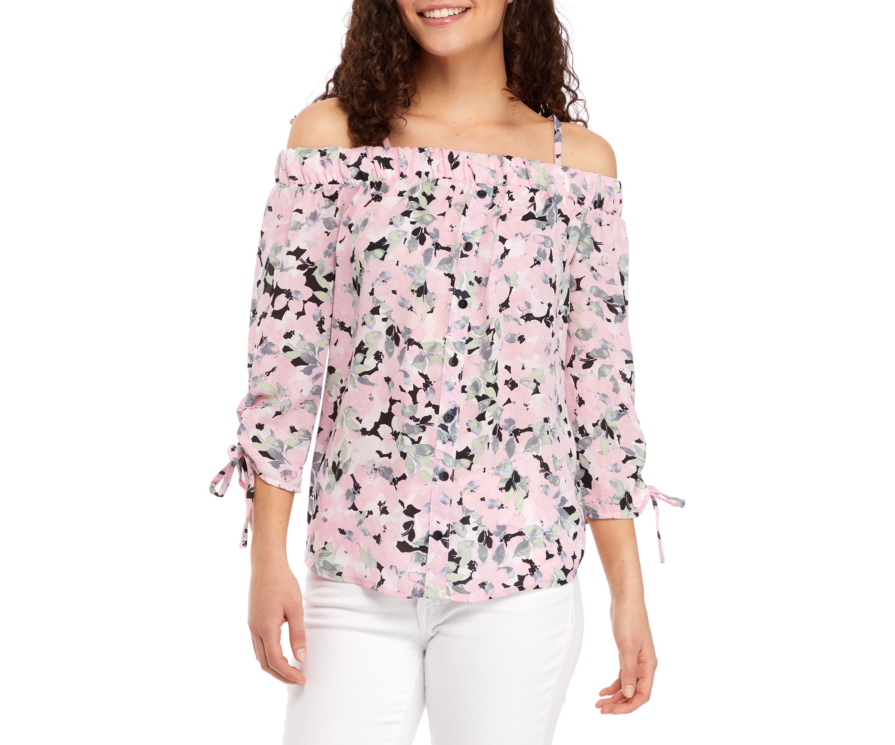 Juniors Button Front Off-Shoulder Top