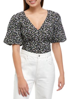 Juniors' Smocked Printed Top