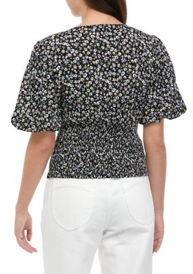 Juniors' Smocked Printed Top