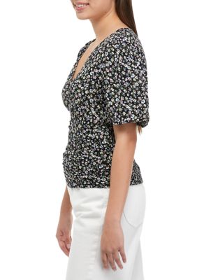 Juniors' Smocked Printed Top