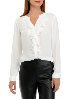 Juniors' Long Sleeve Ruffle Woven Top