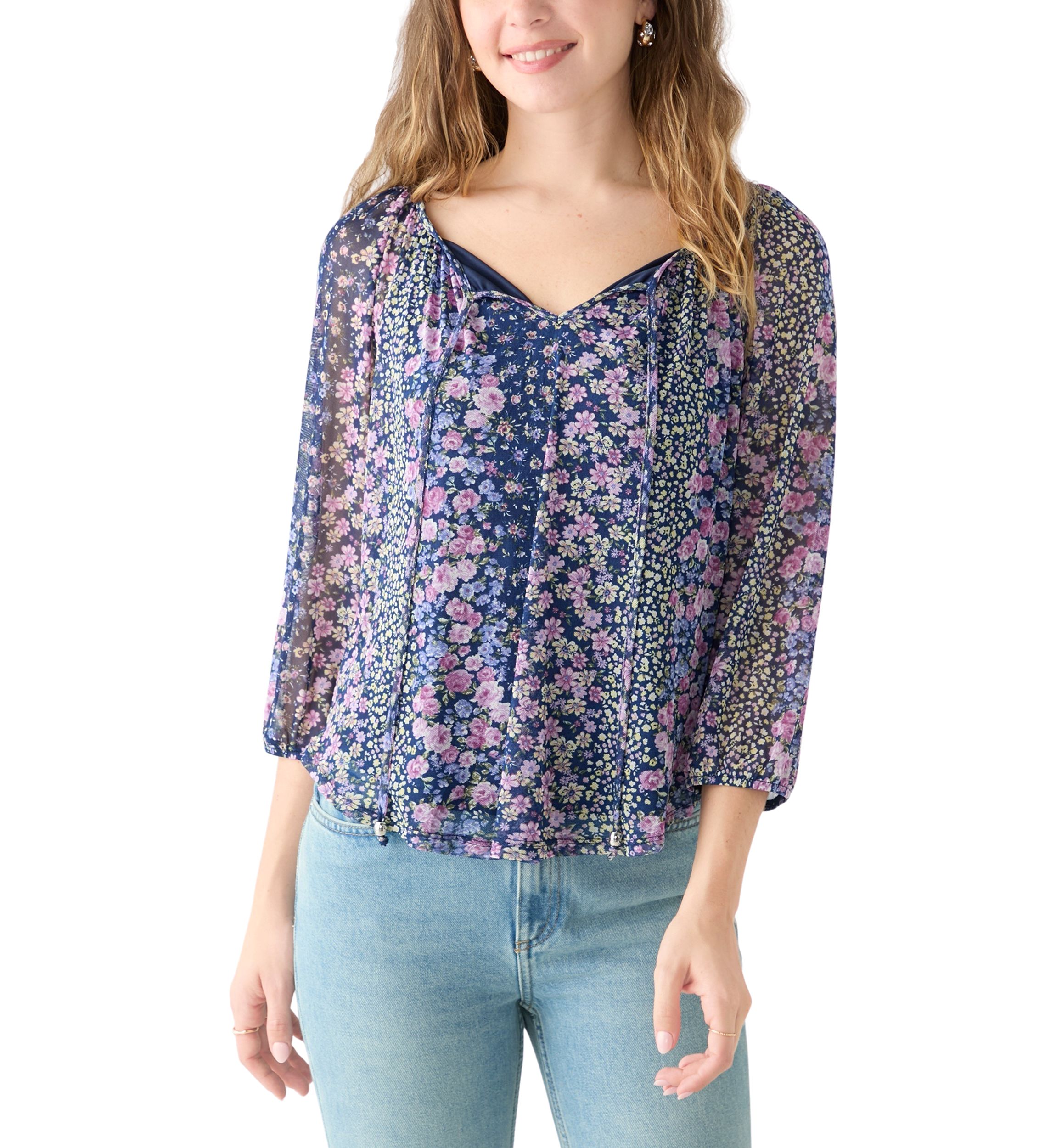 Womens Mesh Printed Peasant Blouse