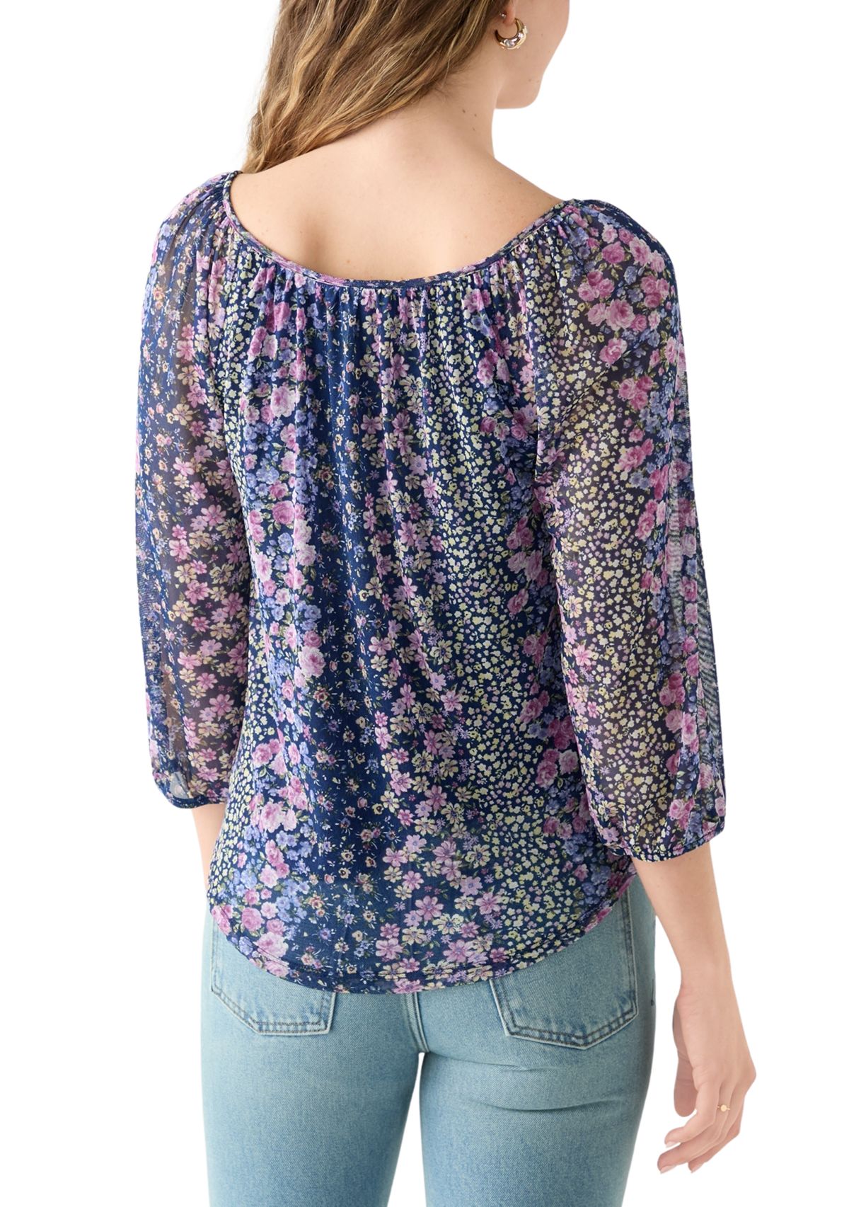 Womens Mesh Printed Peasant Blouse
