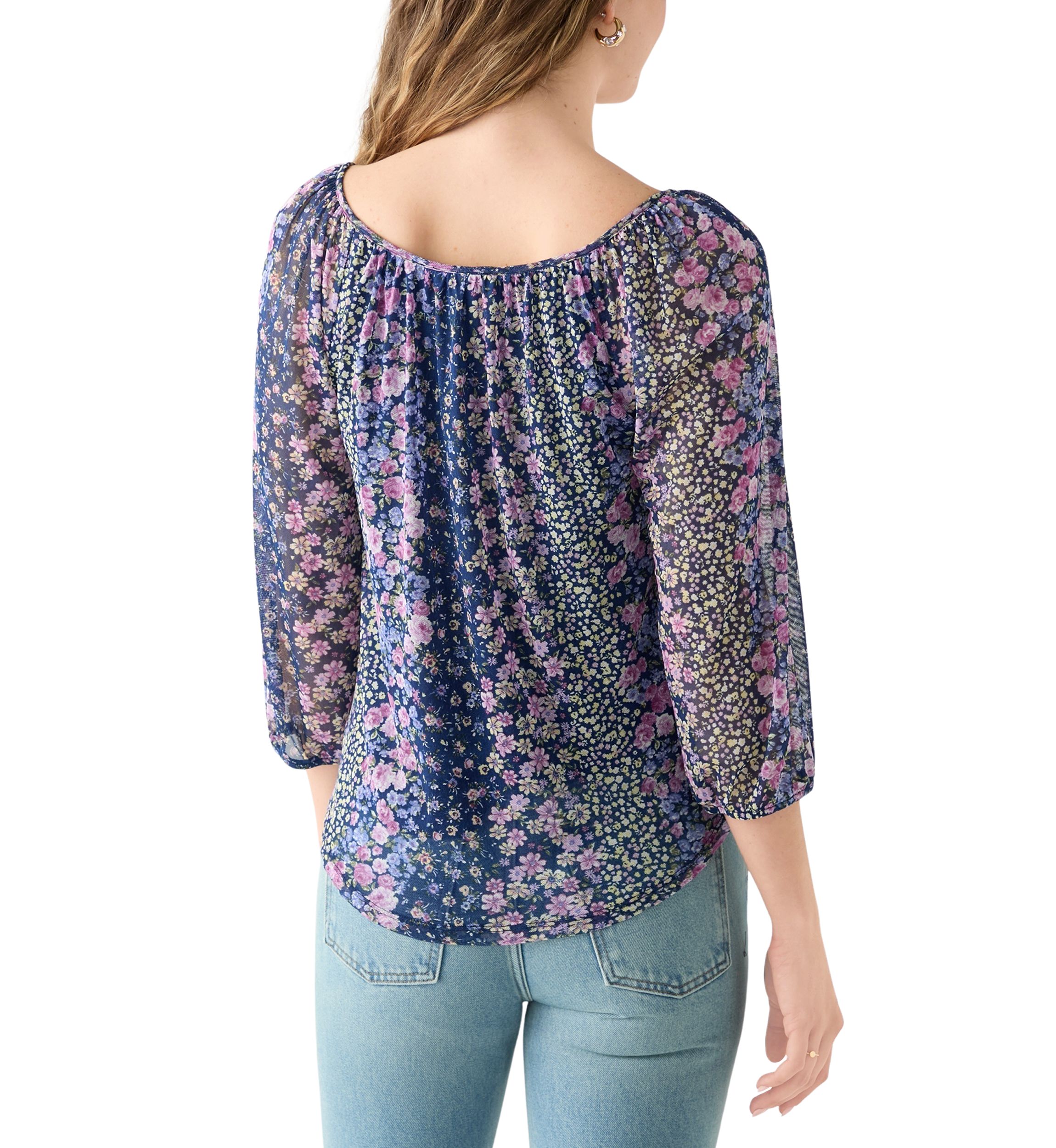 Womens Mesh Printed Peasant Blouse