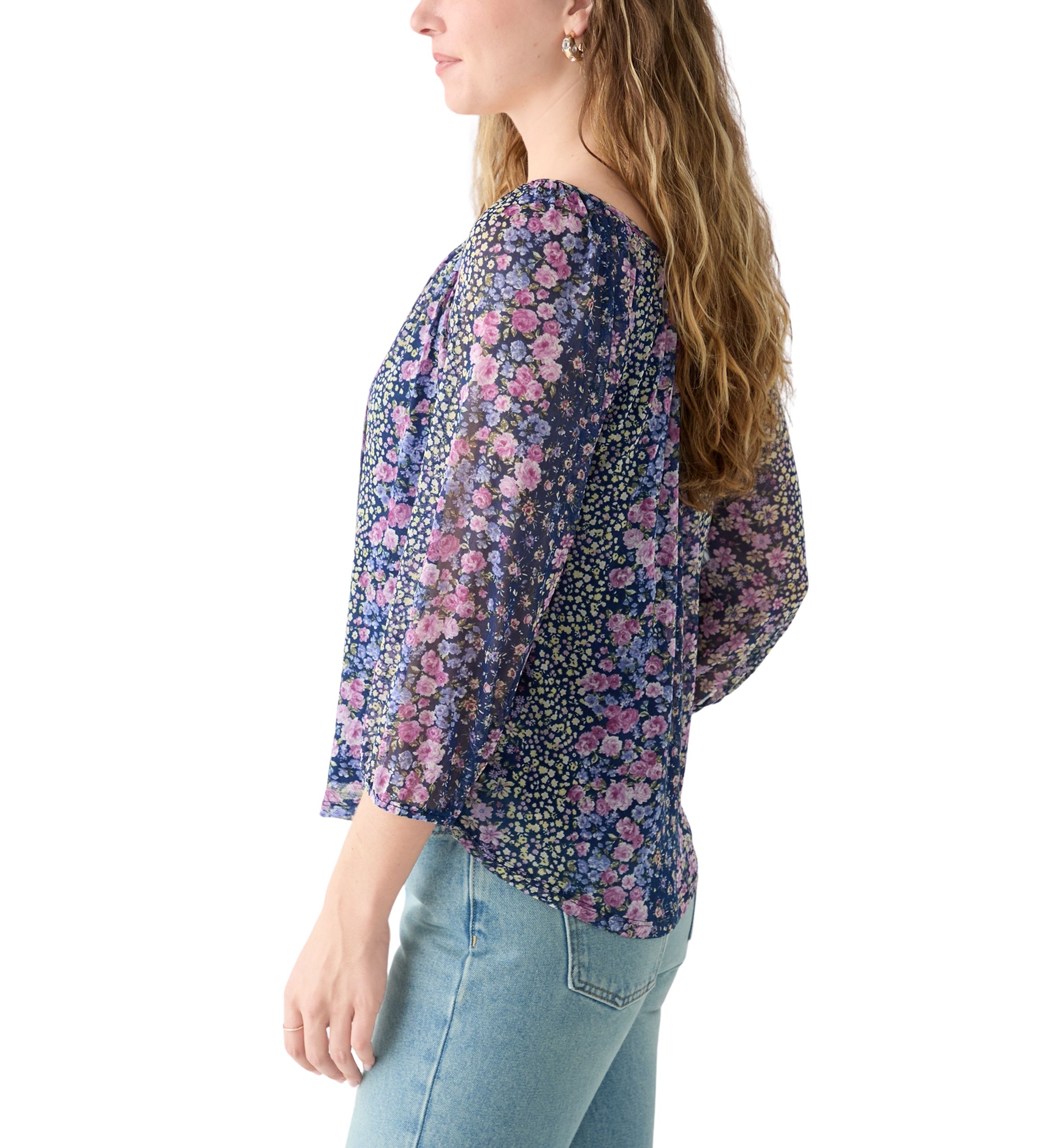 Womens Mesh Printed Peasant Blouse