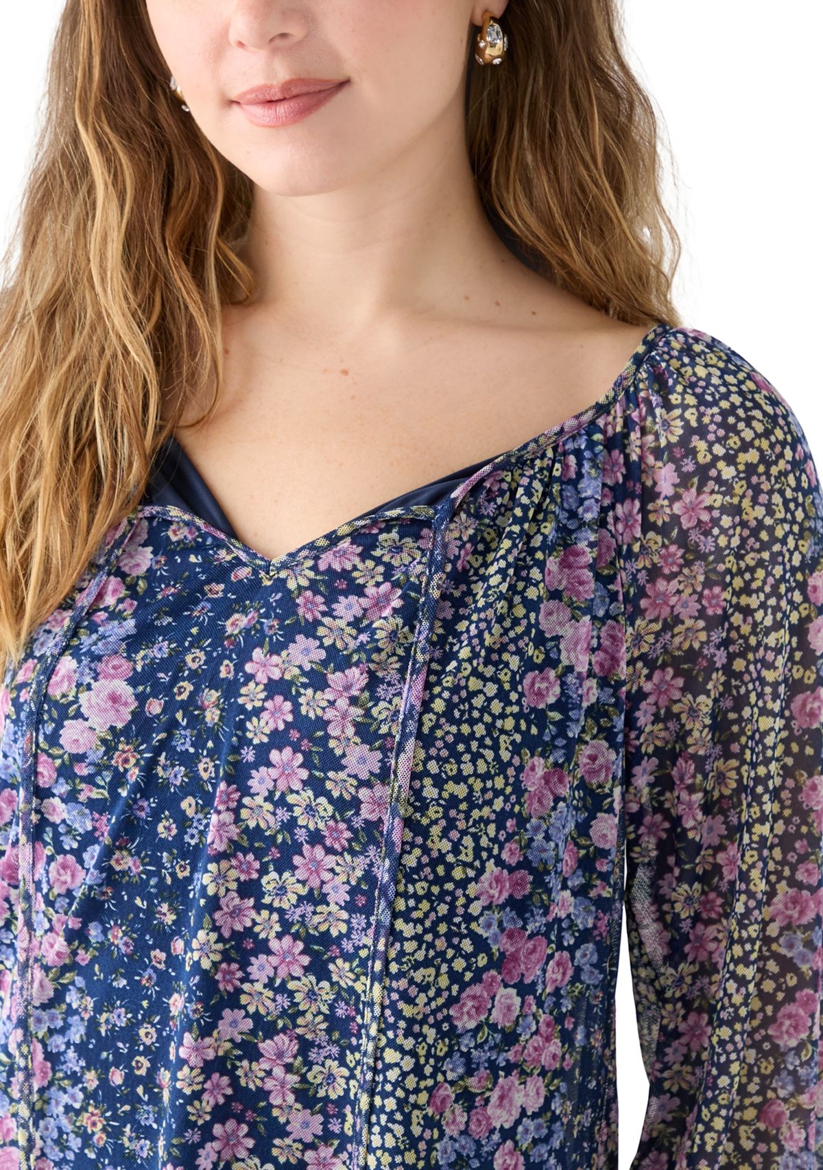 Womens Mesh Printed Peasant Blouse