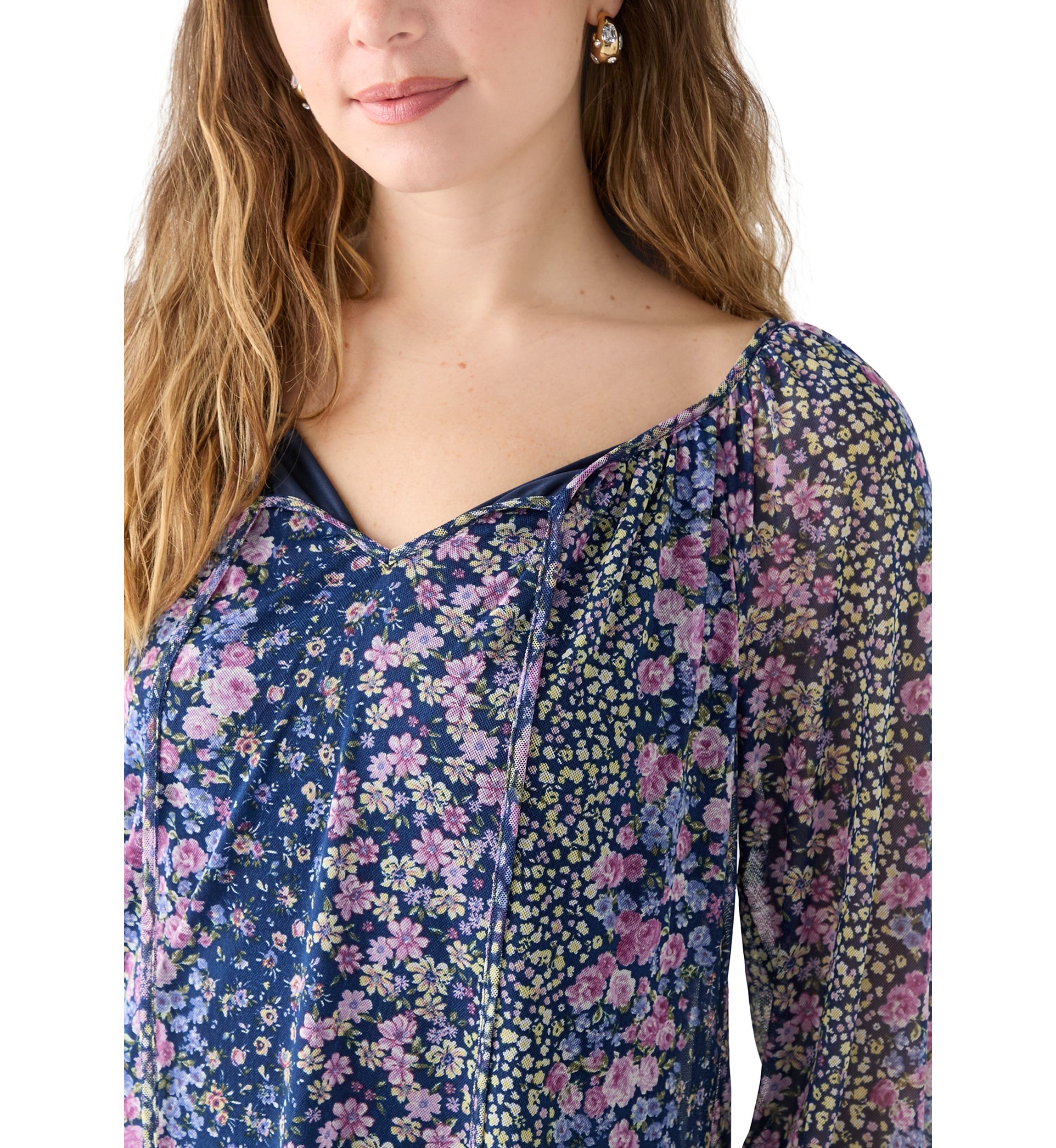 Womens Mesh Printed Peasant Blouse