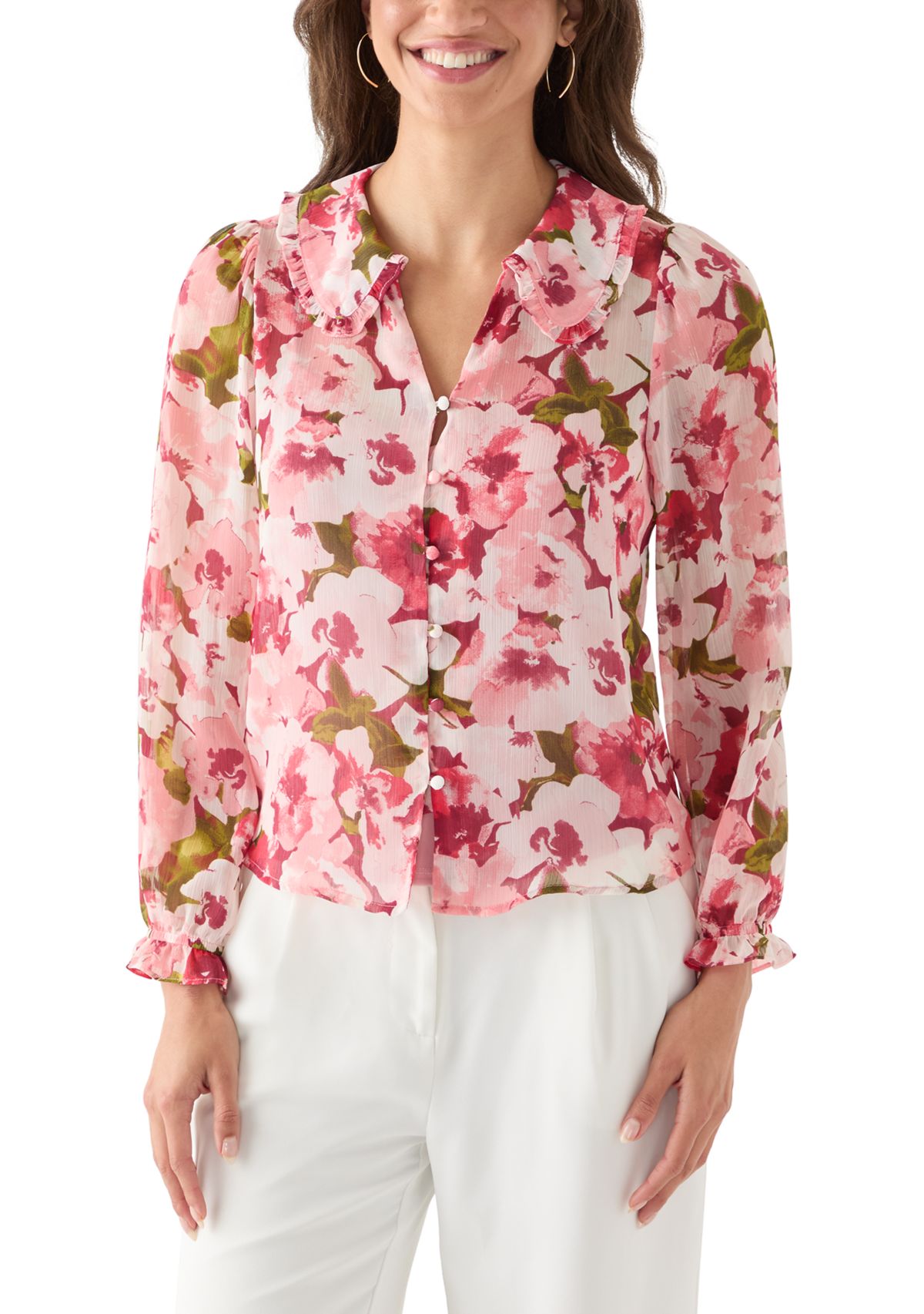 Womens Printed Button-Front Floral Blouse