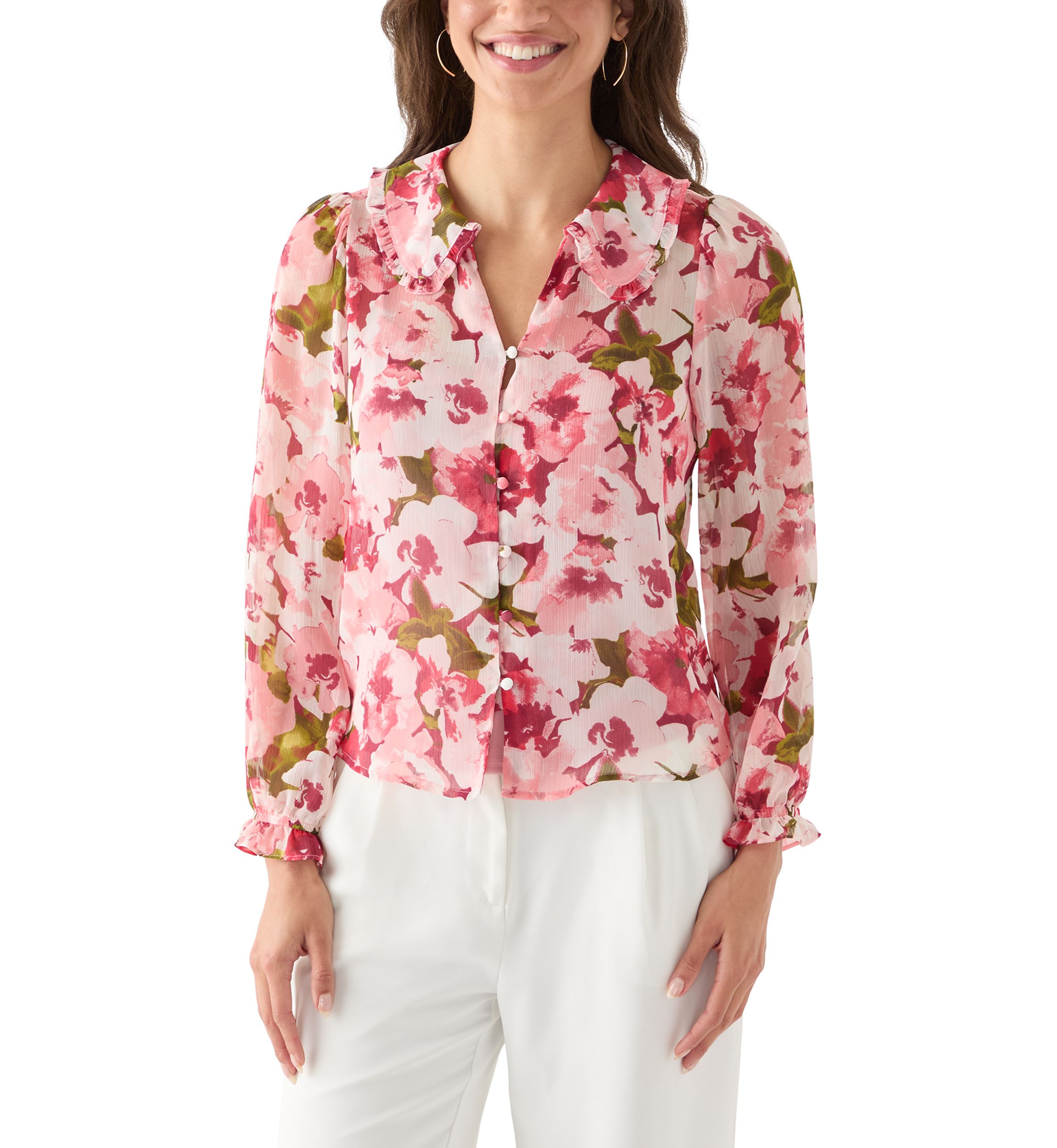 Womens Printed Button-Front Floral Blouse