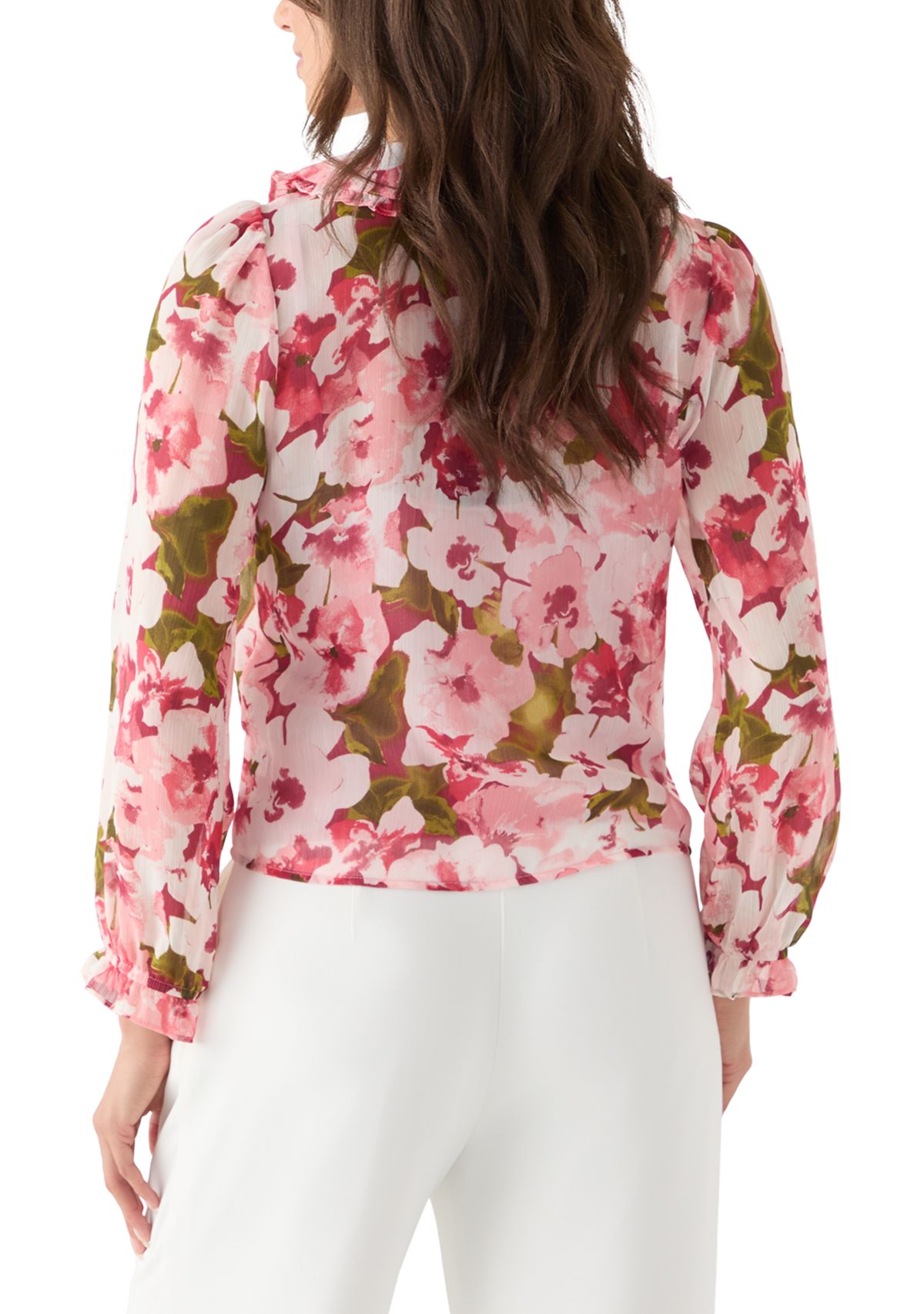 Womens Printed Button-Front Floral Blouse