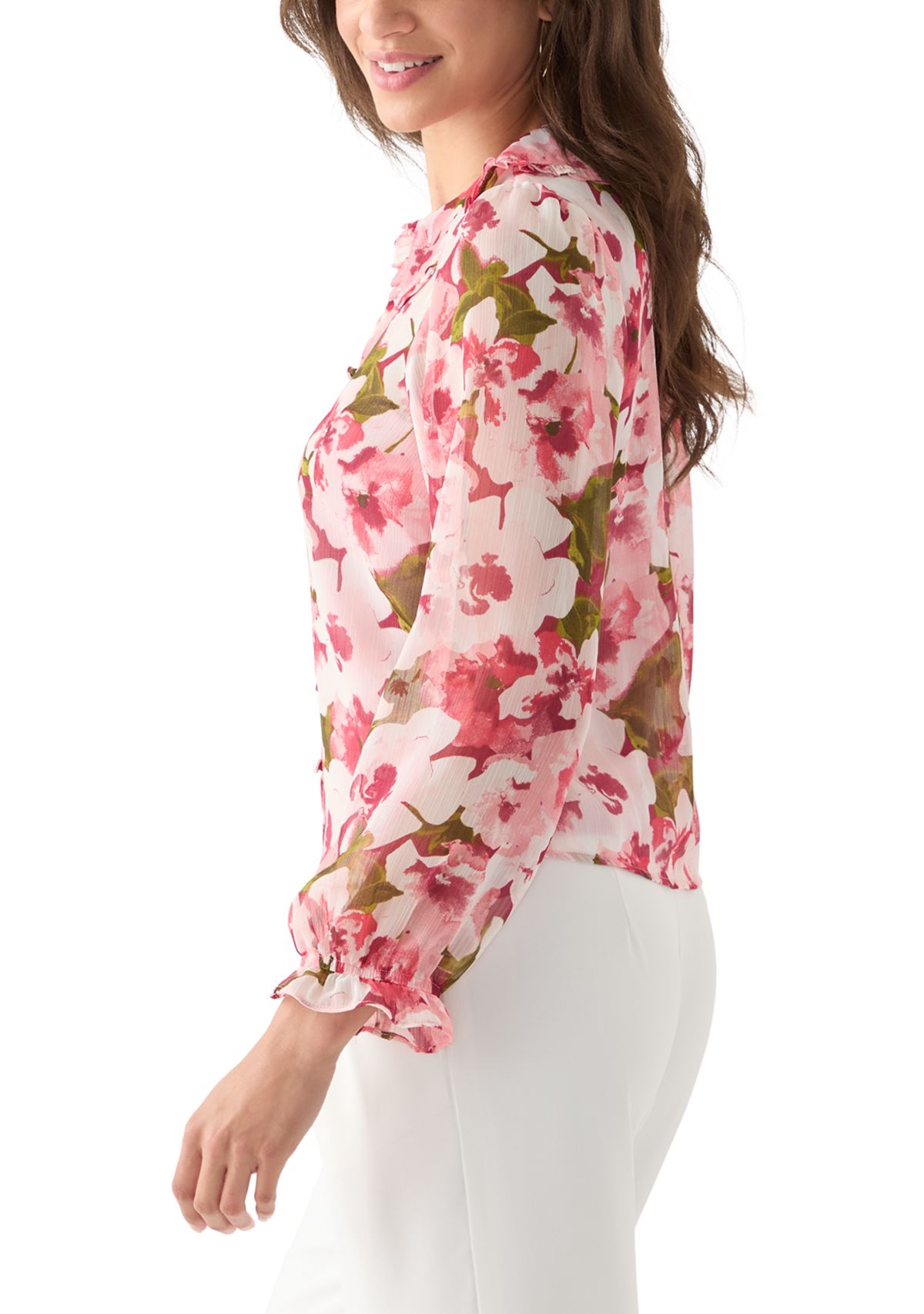 Womens Printed Button-Front Floral Blouse