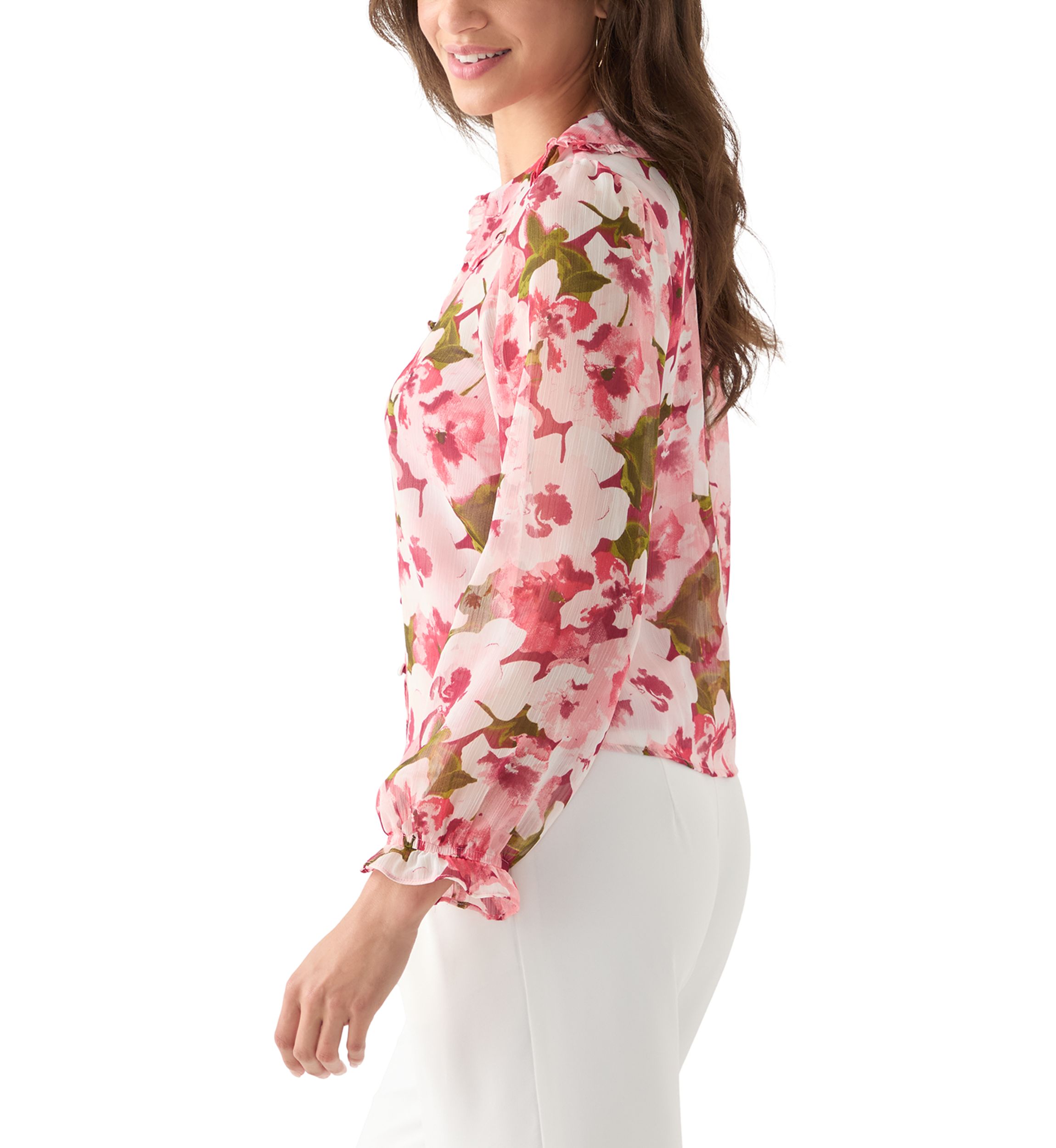 Womens Printed Button-Front Floral Blouse