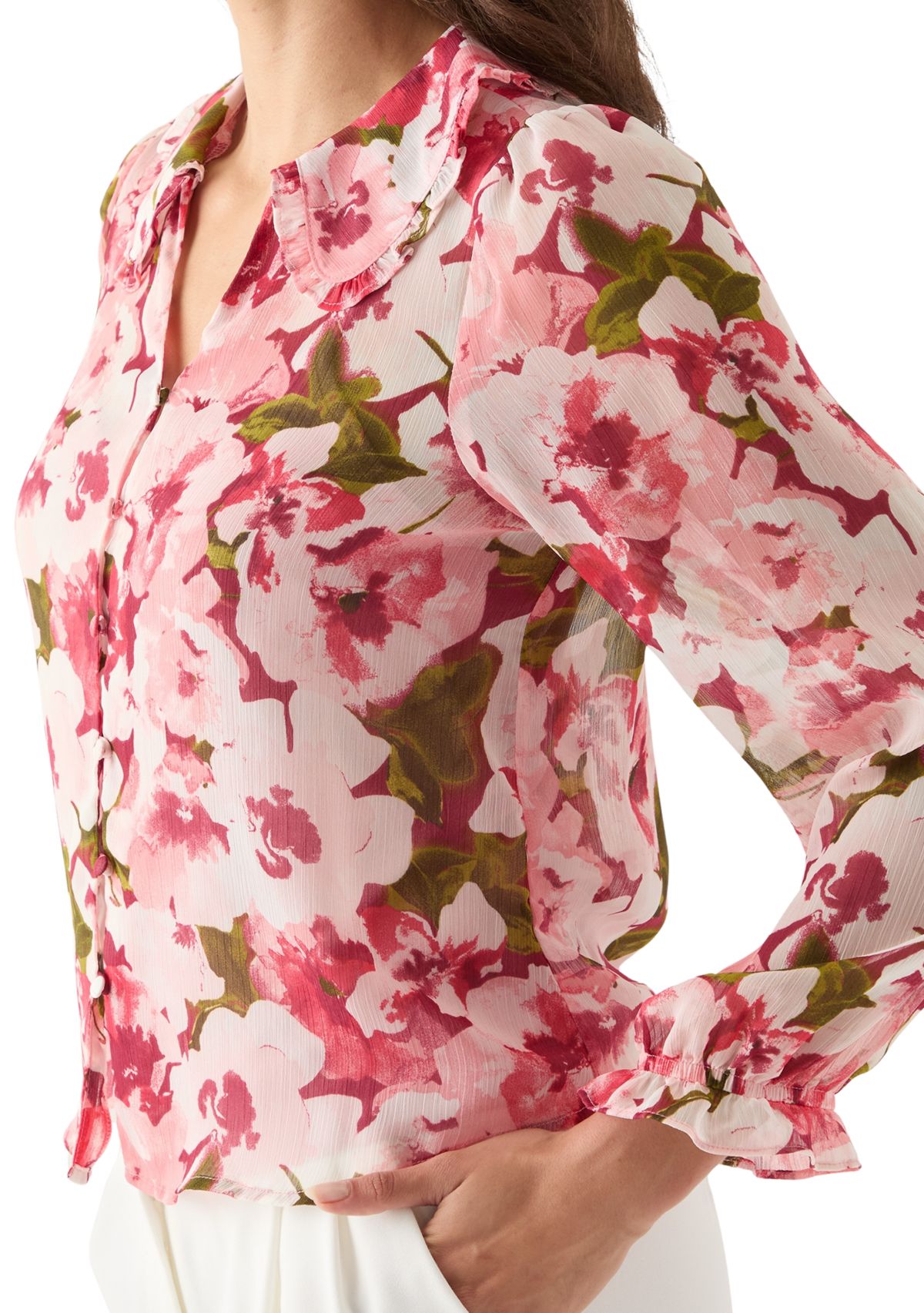 Womens Printed Button-Front Floral Blouse