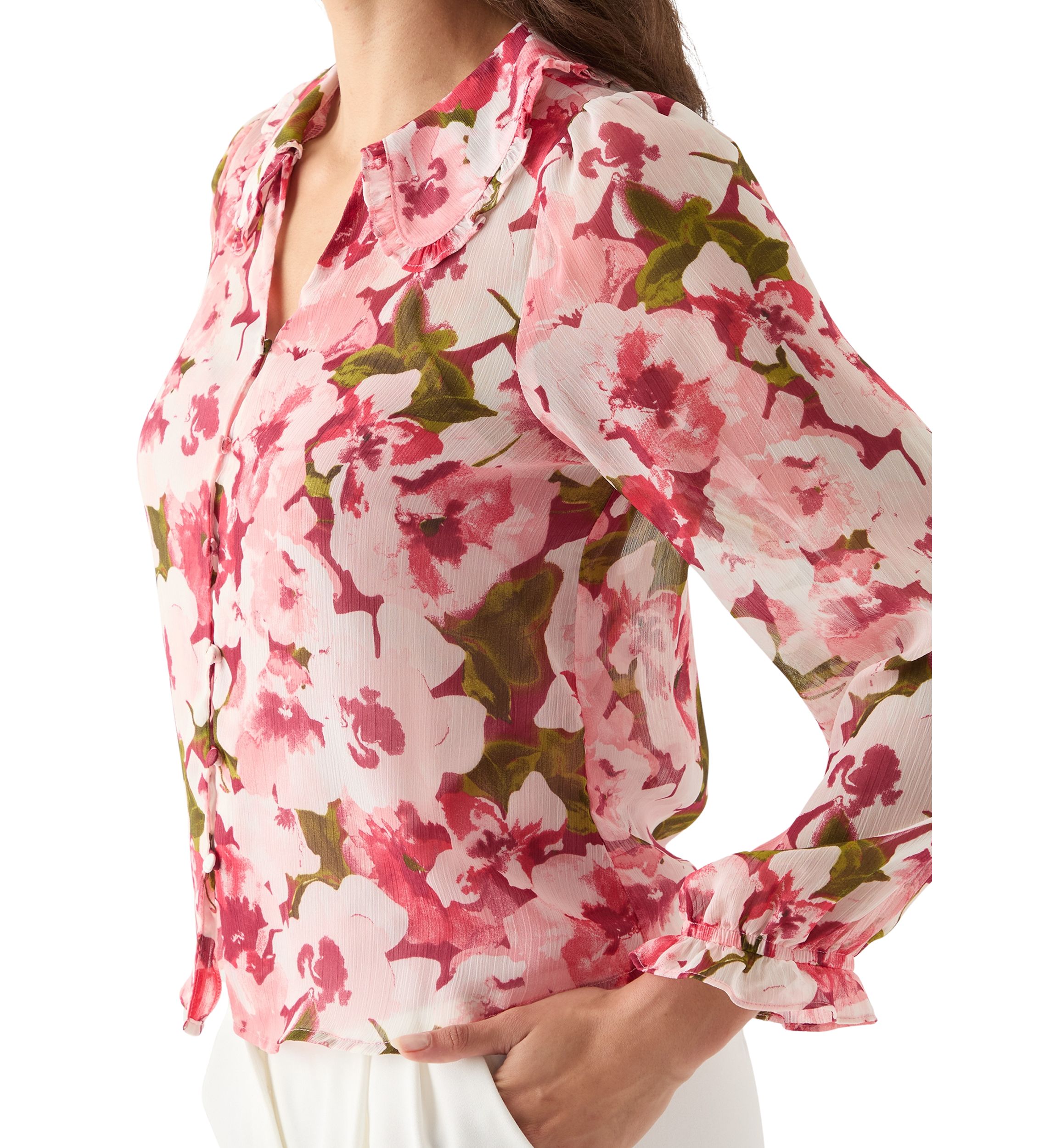 Womens Printed Button-Front Floral Blouse