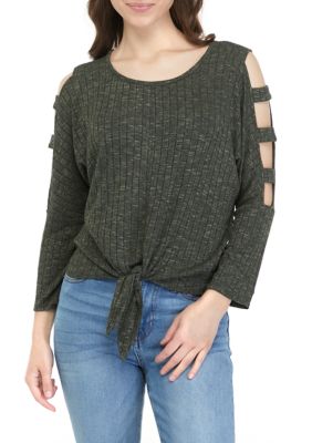 Juniors' 3/4 Lattice Sleeve Marled Knit Tie Front Top