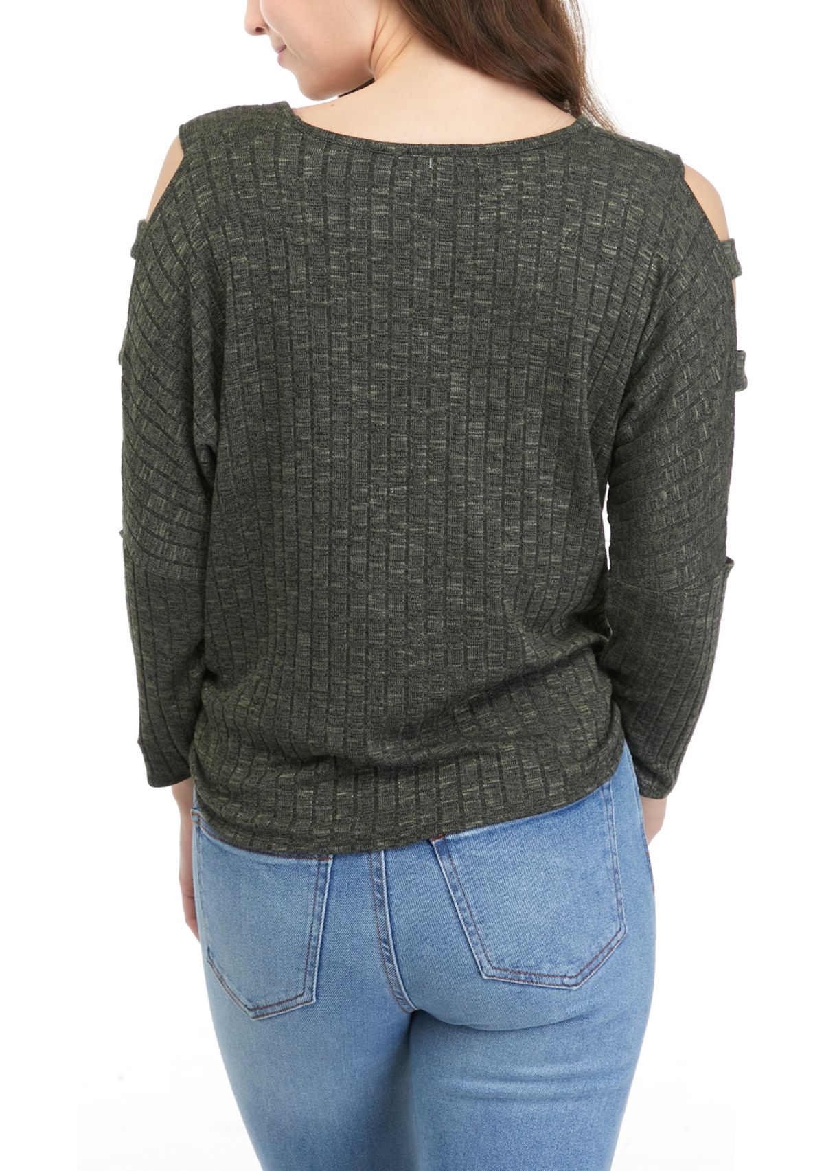 Juniors 3/4 Lattice Sleeve Marled Knit Tie Front Top