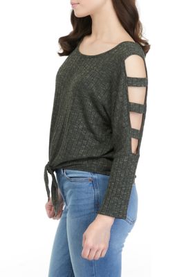 Juniors' 3/4 Lattice Sleeve Marled Knit Tie Front Top