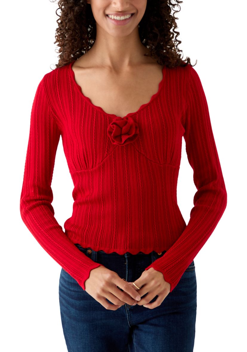 Womens V-Neck Flower Front Knit Top