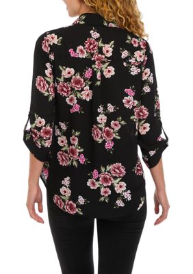 Juniors' Printed Button Down Blouse