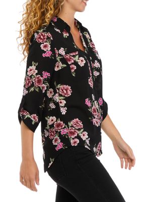 Juniors' Printed Button Down Blouse