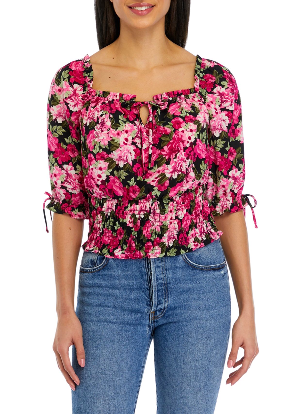Juniors Elbow Sleeve Printed Square Neck Smock Bottom Top