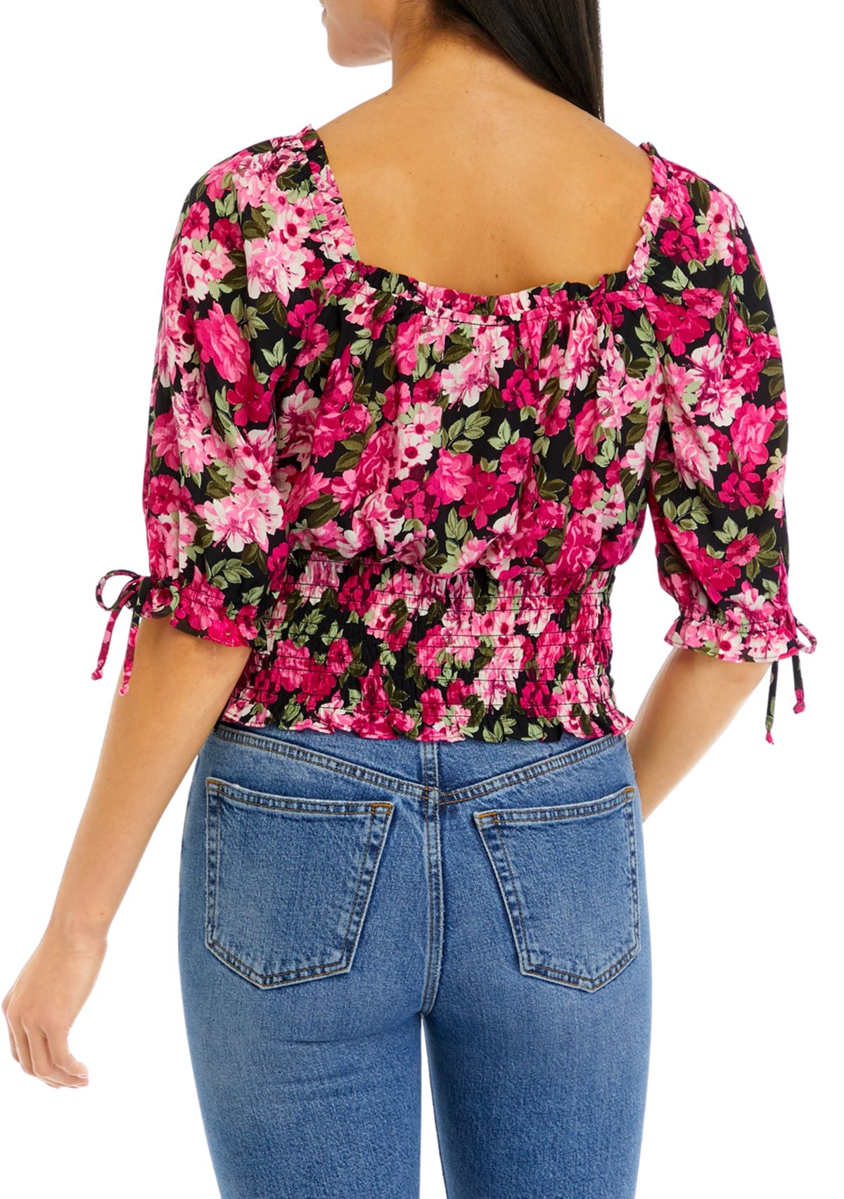 Juniors Elbow Sleeve Printed Square Neck Smock Bottom Top
