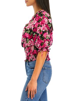 Juniors' Elbow Sleeve Printed Square Neck Smock Bottom Top