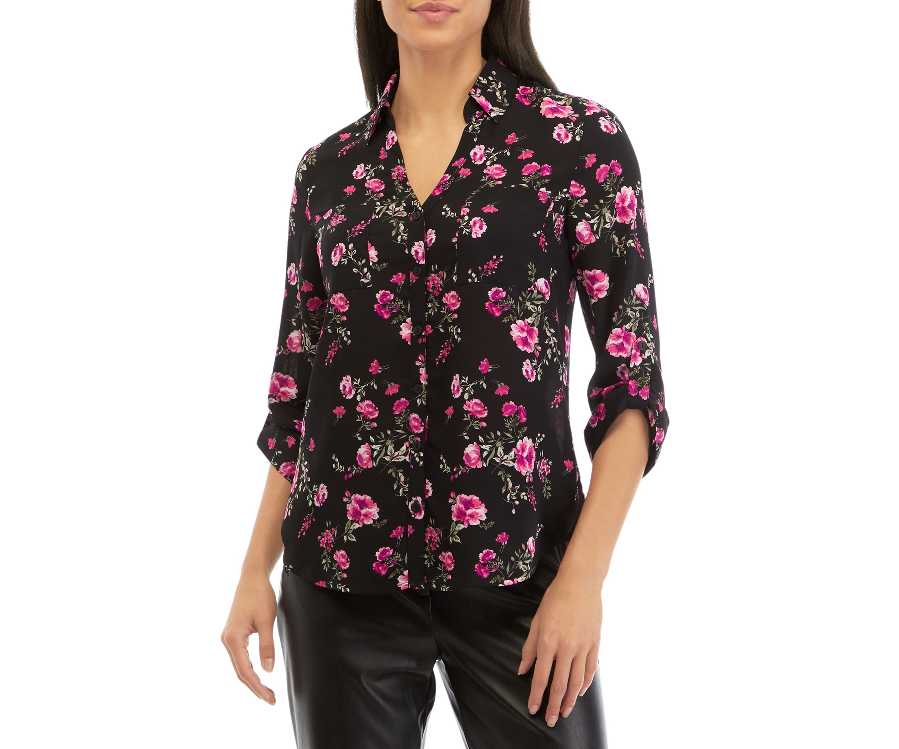 Juniors Long Sleeve Floral Print Button Down Portofino Top