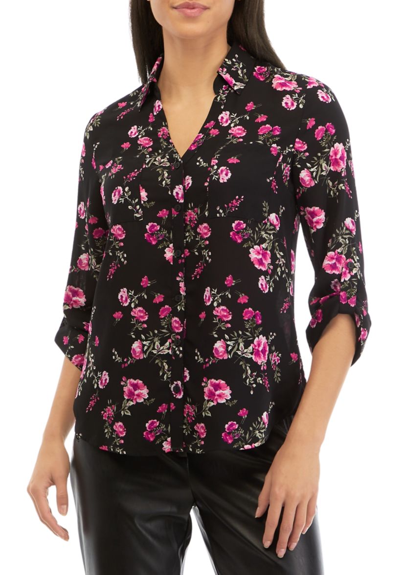 Juniors Long Sleeve Floral Print Button Down Portofino Top