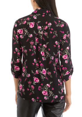 Juniors' Long Sleeve Floral Print Button Down Portofino Top