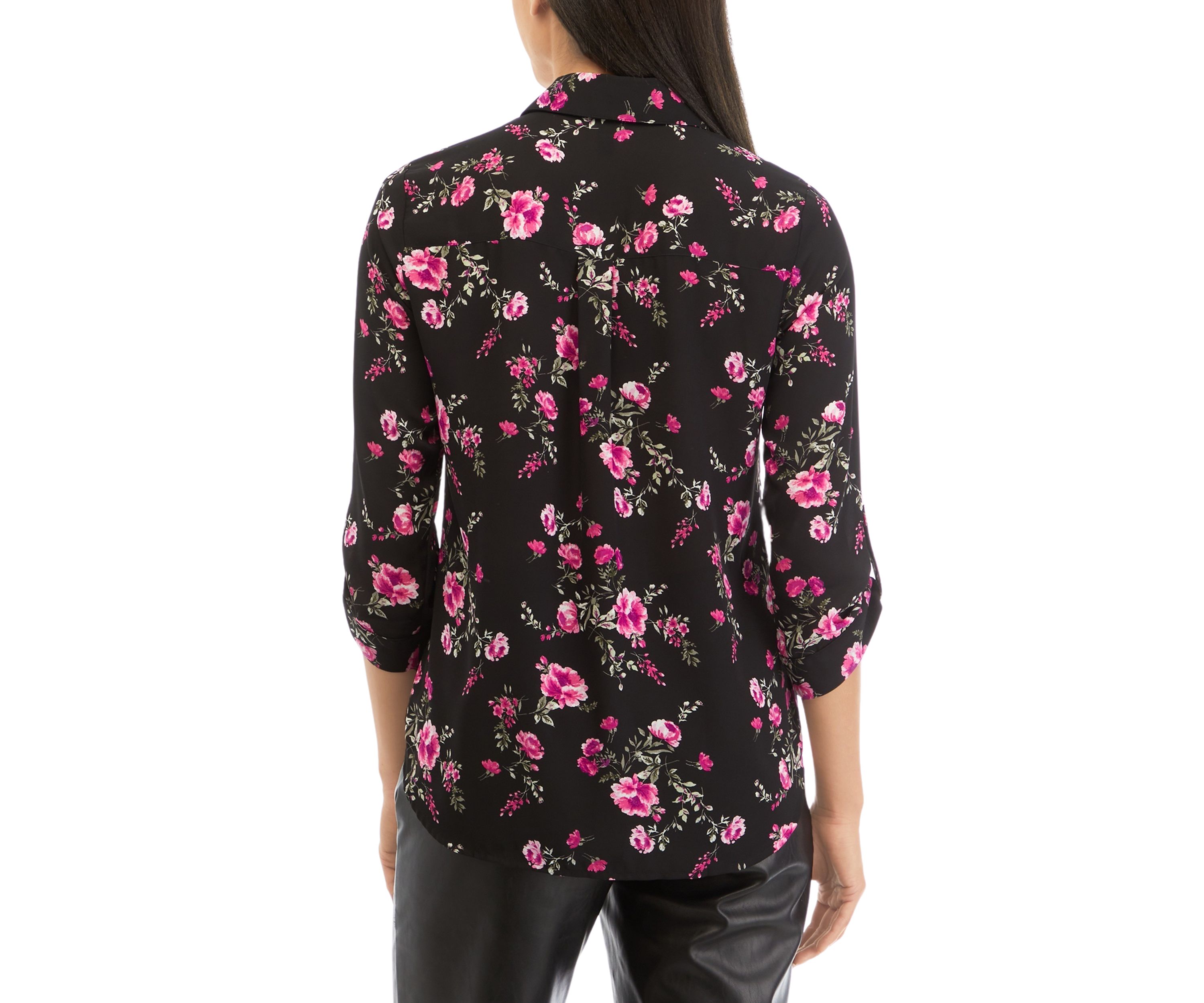 Juniors Long Sleeve Floral Print Button Down Portofino Top