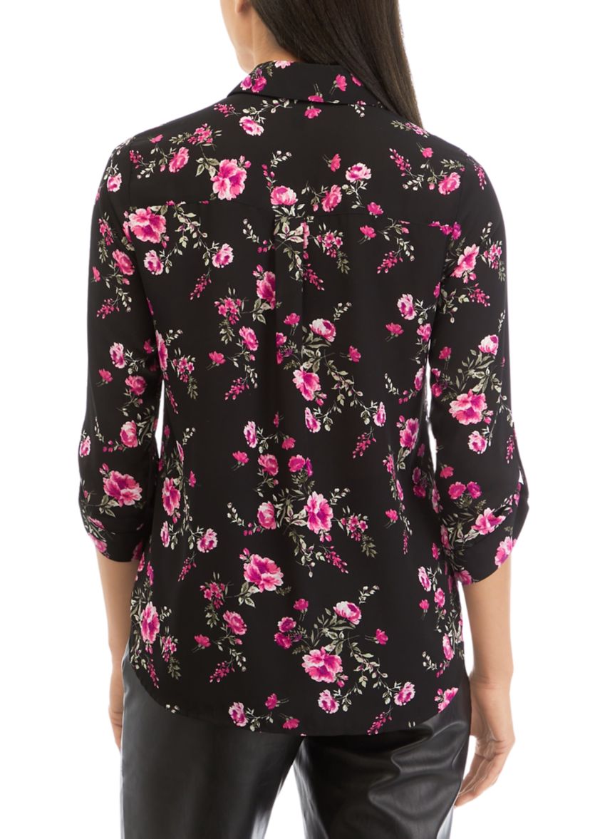 Juniors Long Sleeve Floral Print Button Down Portofino Top