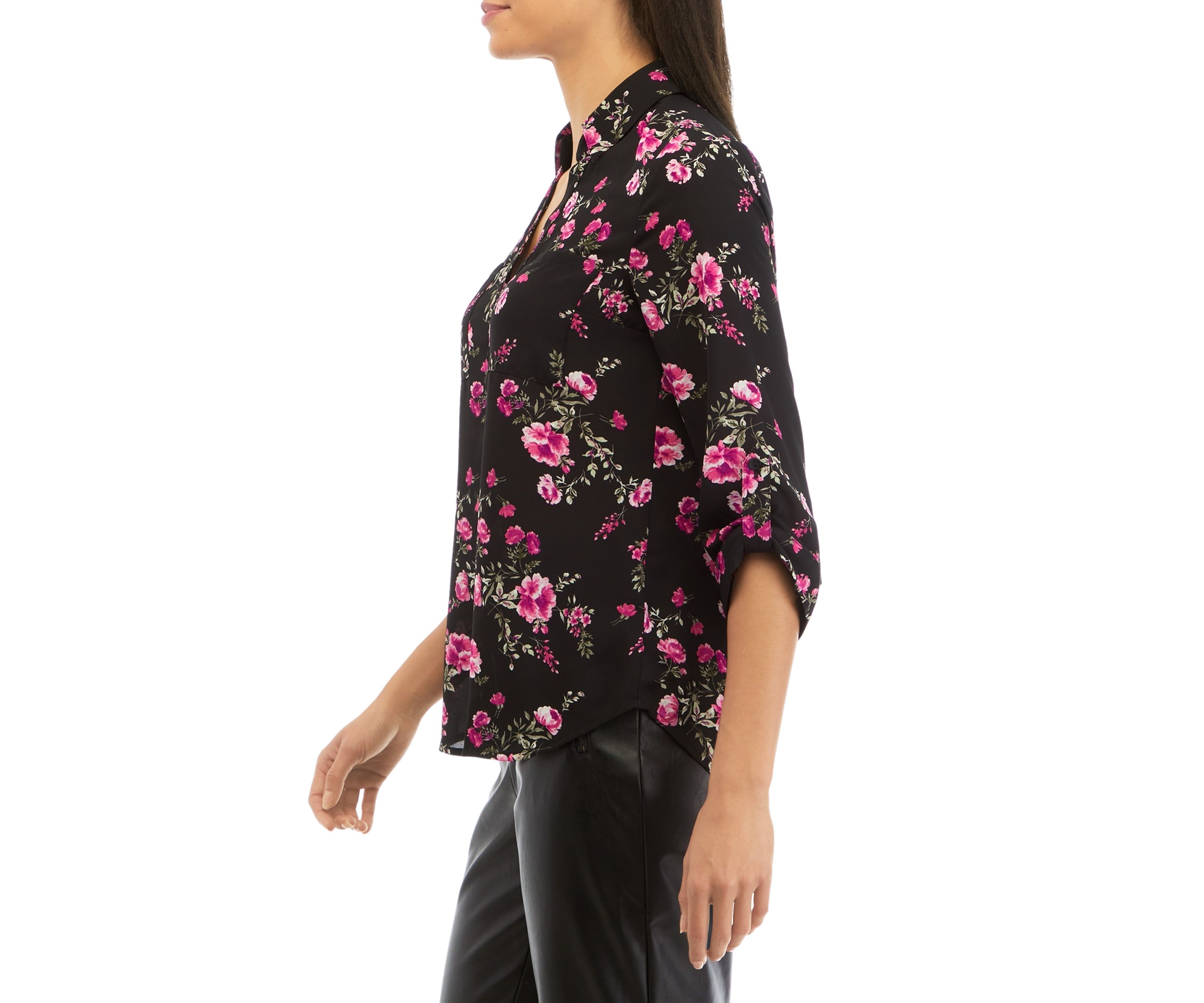 Juniors Long Sleeve Floral Print Button Down Portofino Top