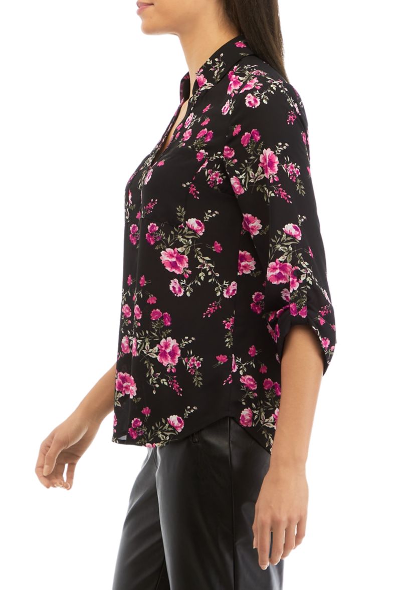 Juniors Long Sleeve Floral Print Button Down Portofino Top