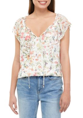 Juniors' Flutter Sleeve Tie Front Floral Top