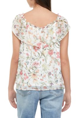 Juniors' Flutter Sleeve Tie Front Floral Top