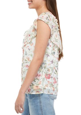 Juniors' Flutter Sleeve Tie Front Floral Top