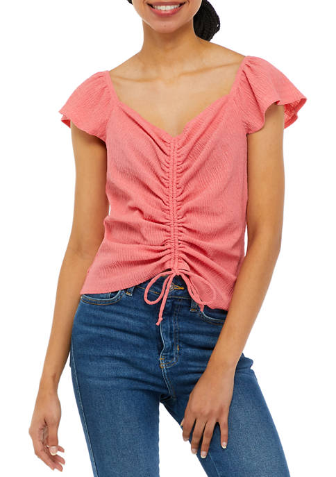 A. Byer Womens Flutter Sleeve Cinched Front Top