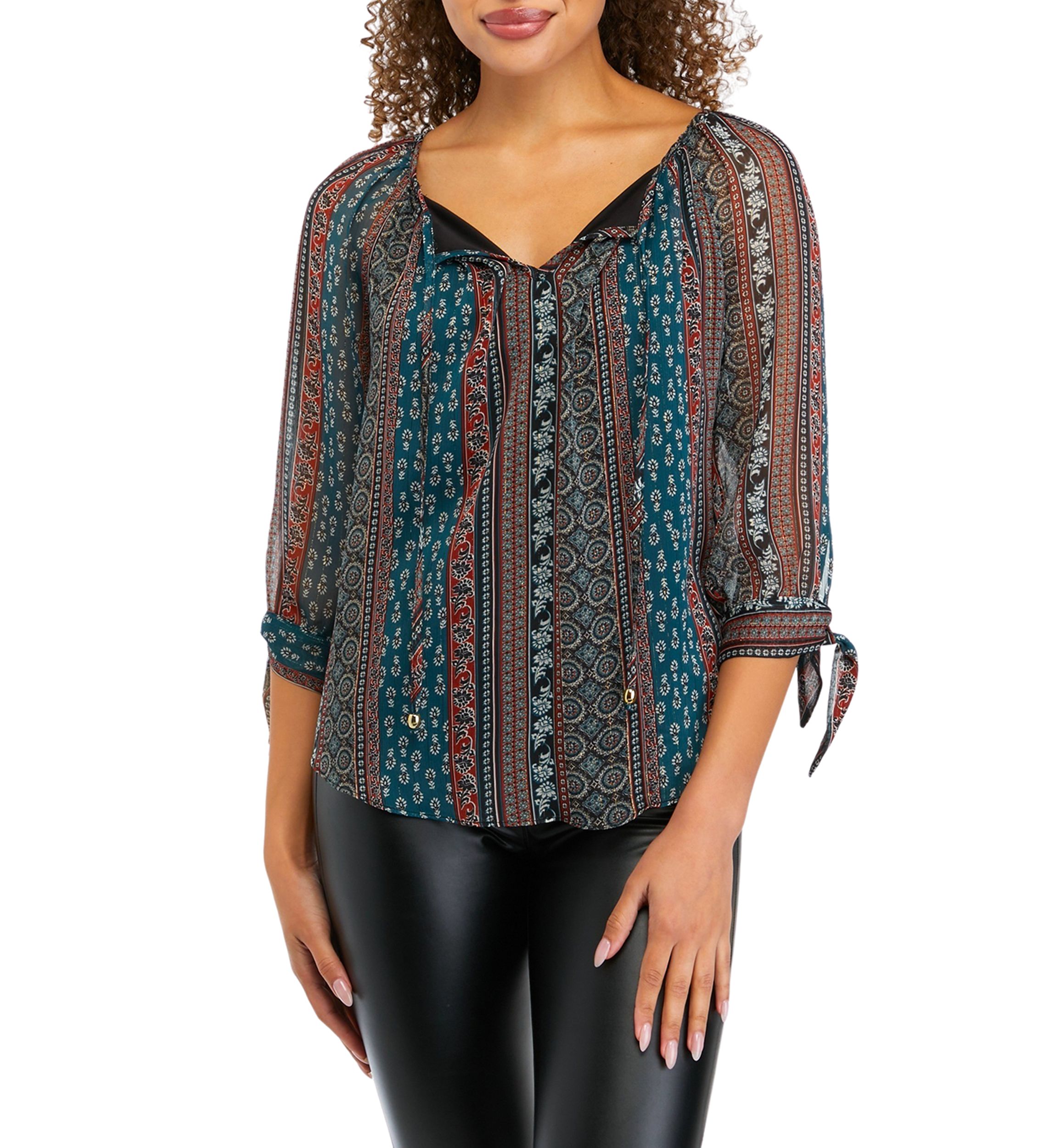 Juniors 3/4 Sleeve Printed Peasant Top