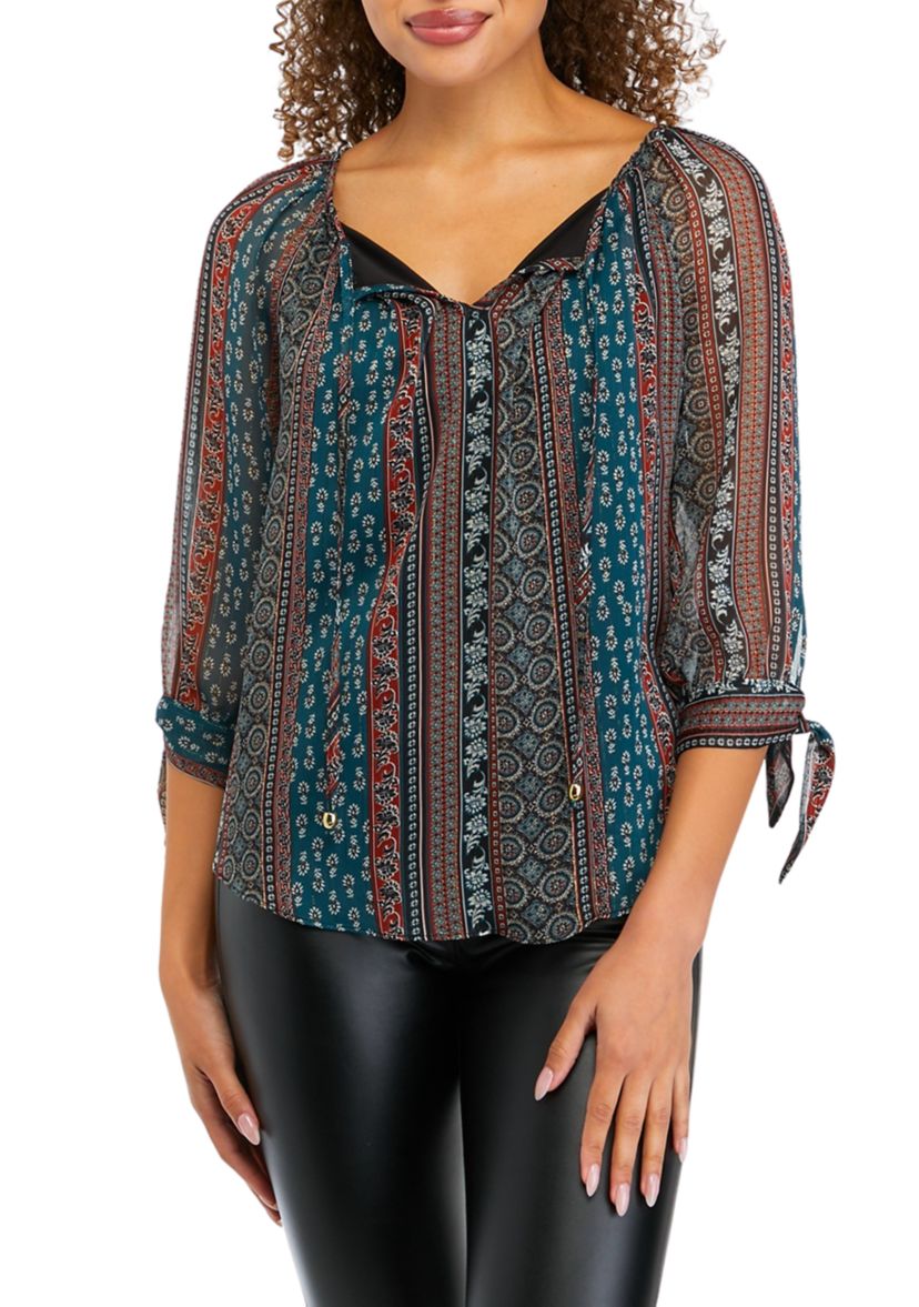 Juniors 3/4 Sleeve Printed Peasant Top