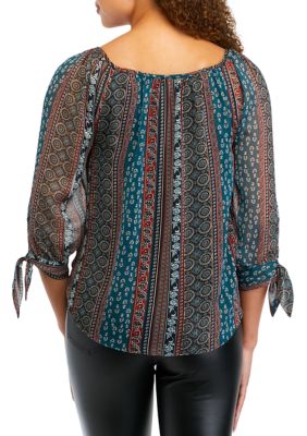 Juniors' 3/4 Sleeve Printed Peasant Top