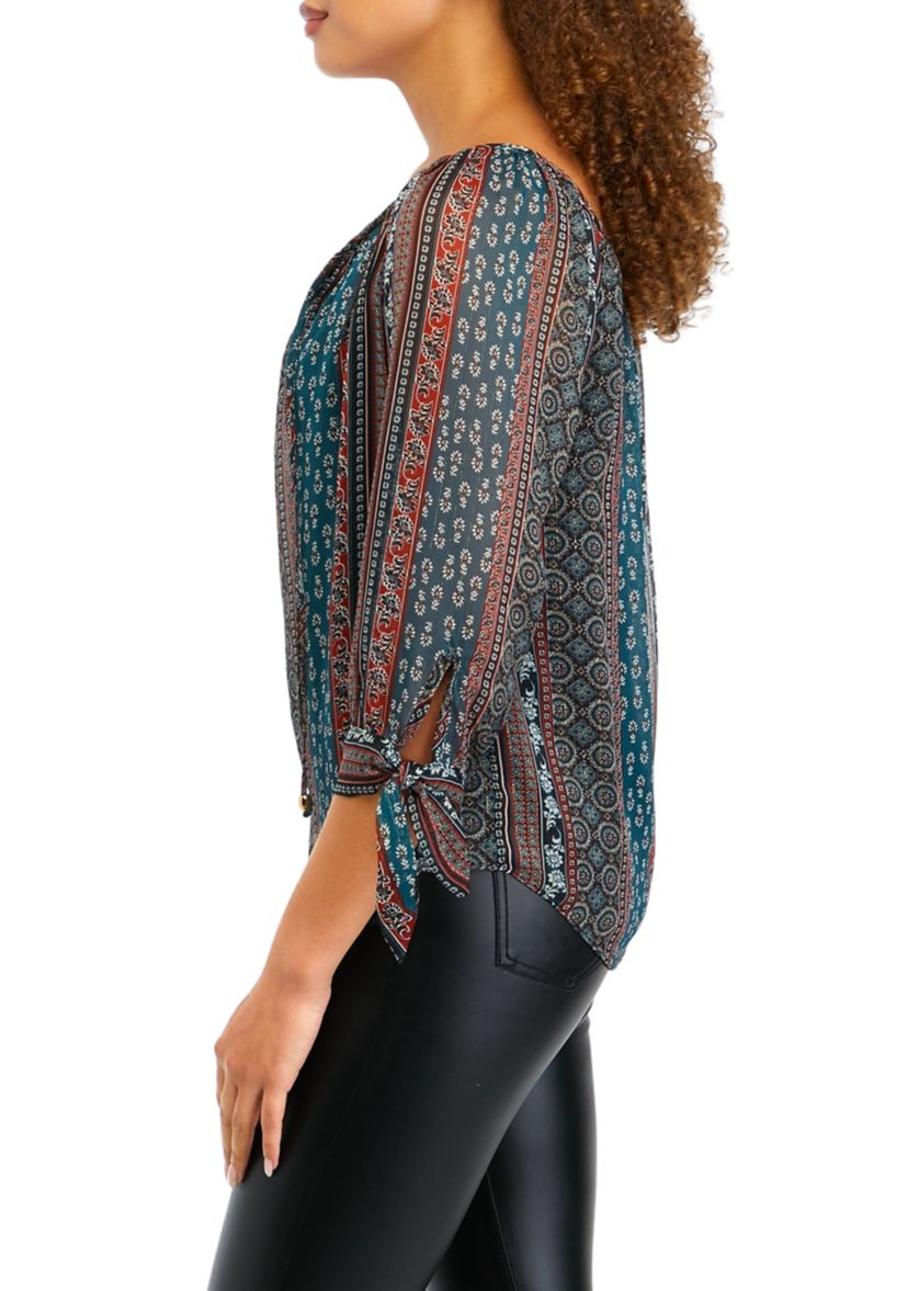 Juniors 3/4 Sleeve Printed Peasant Top