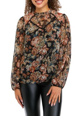 Juniors' Long Sleeve Printed Mixed Media Peasant Top