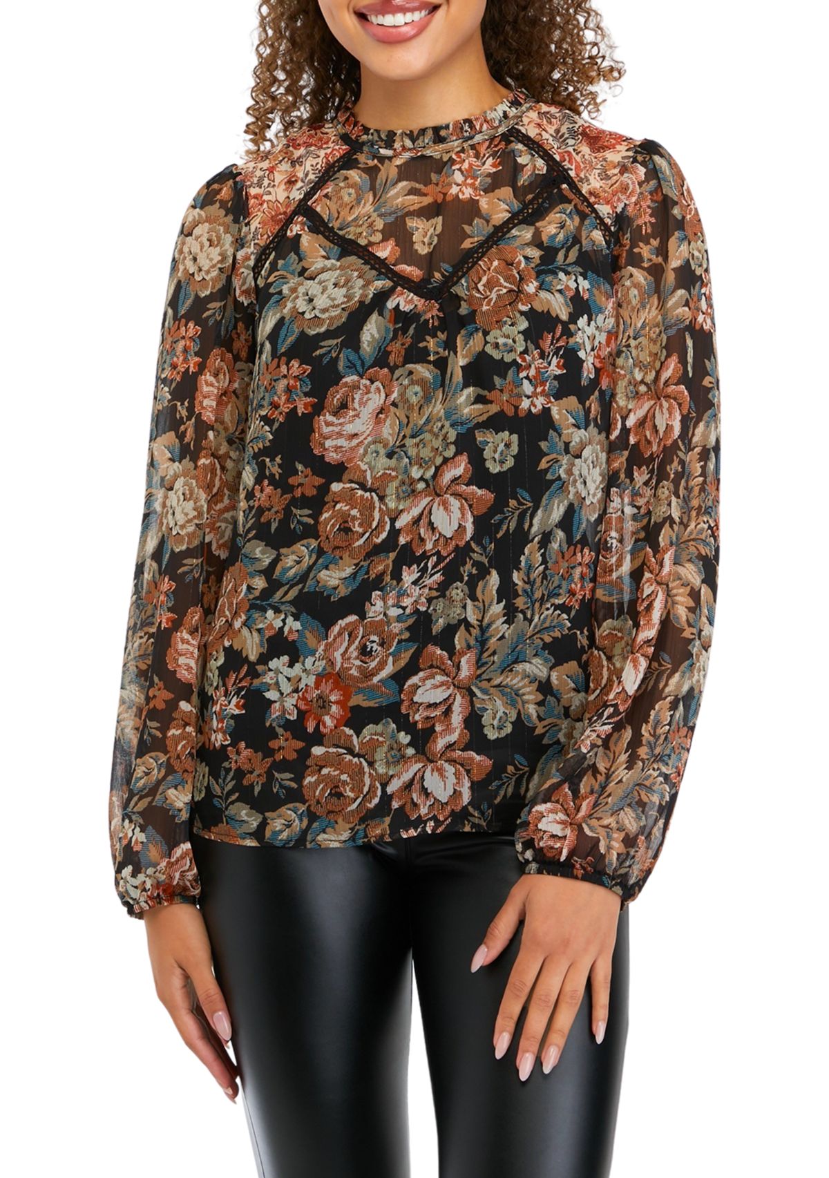 Juniors Long Sleeve Printed Mixed Media Peasant Top