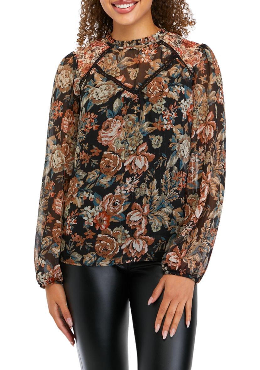 Juniors Long Sleeve Printed Mixed Media Peasant Top