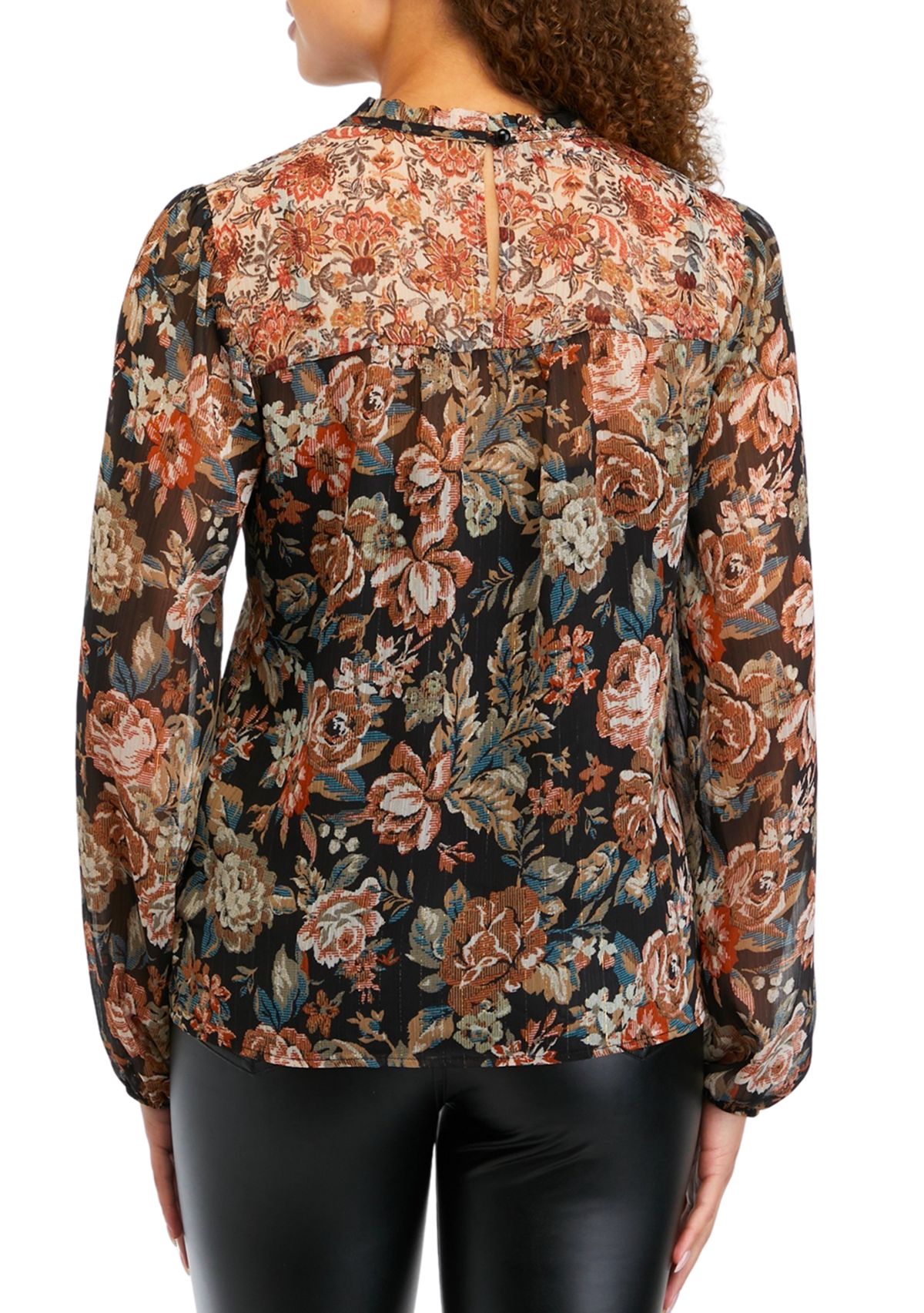 Juniors Long Sleeve Printed Mixed Media Peasant Top