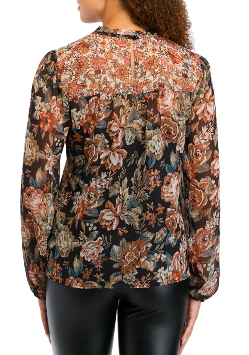 Juniors Long Sleeve Printed Mixed Media Peasant Top