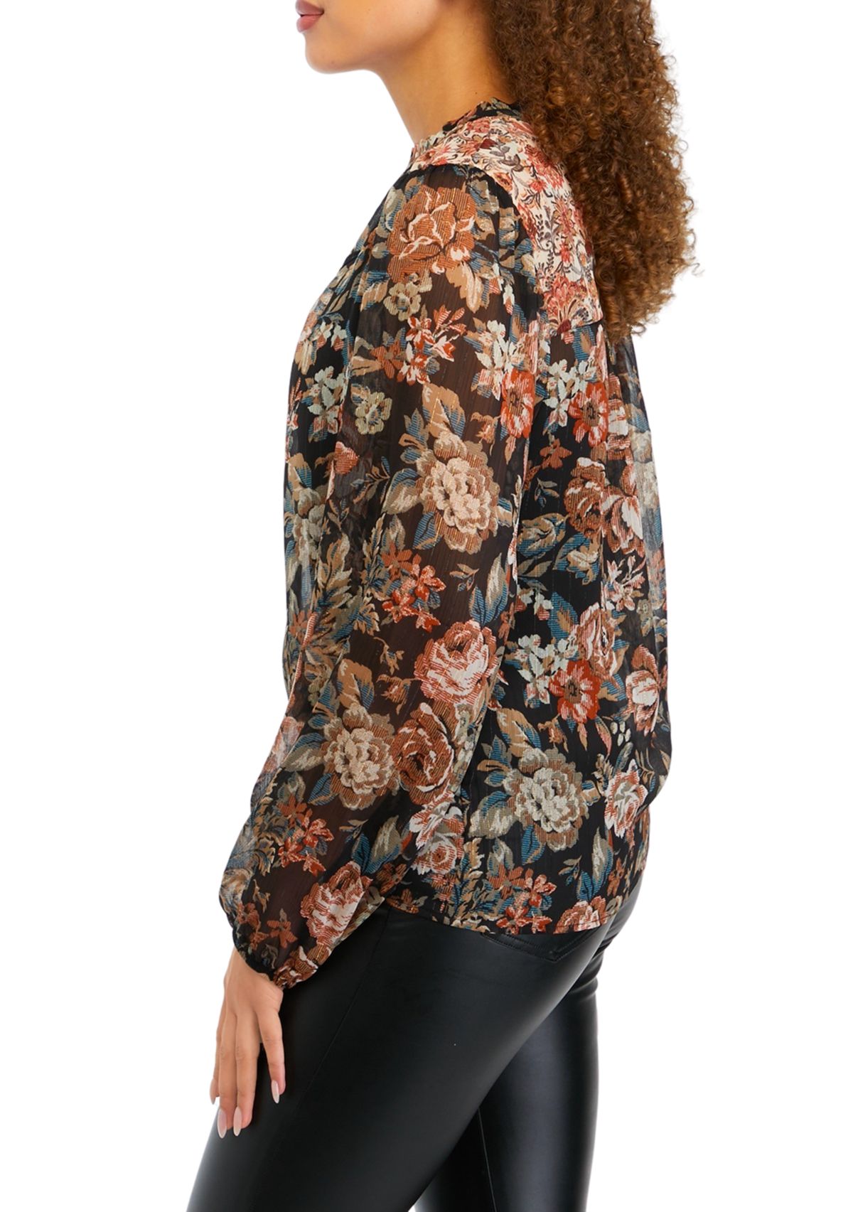 Juniors Long Sleeve Printed Mixed Media Peasant Top