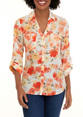 Juniors' 3/4 Sleeve Printed Button Down Shirt